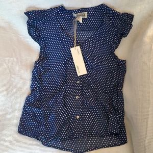 NWT Women's blue and white polkadot button up with flutter sleeves size Medium
